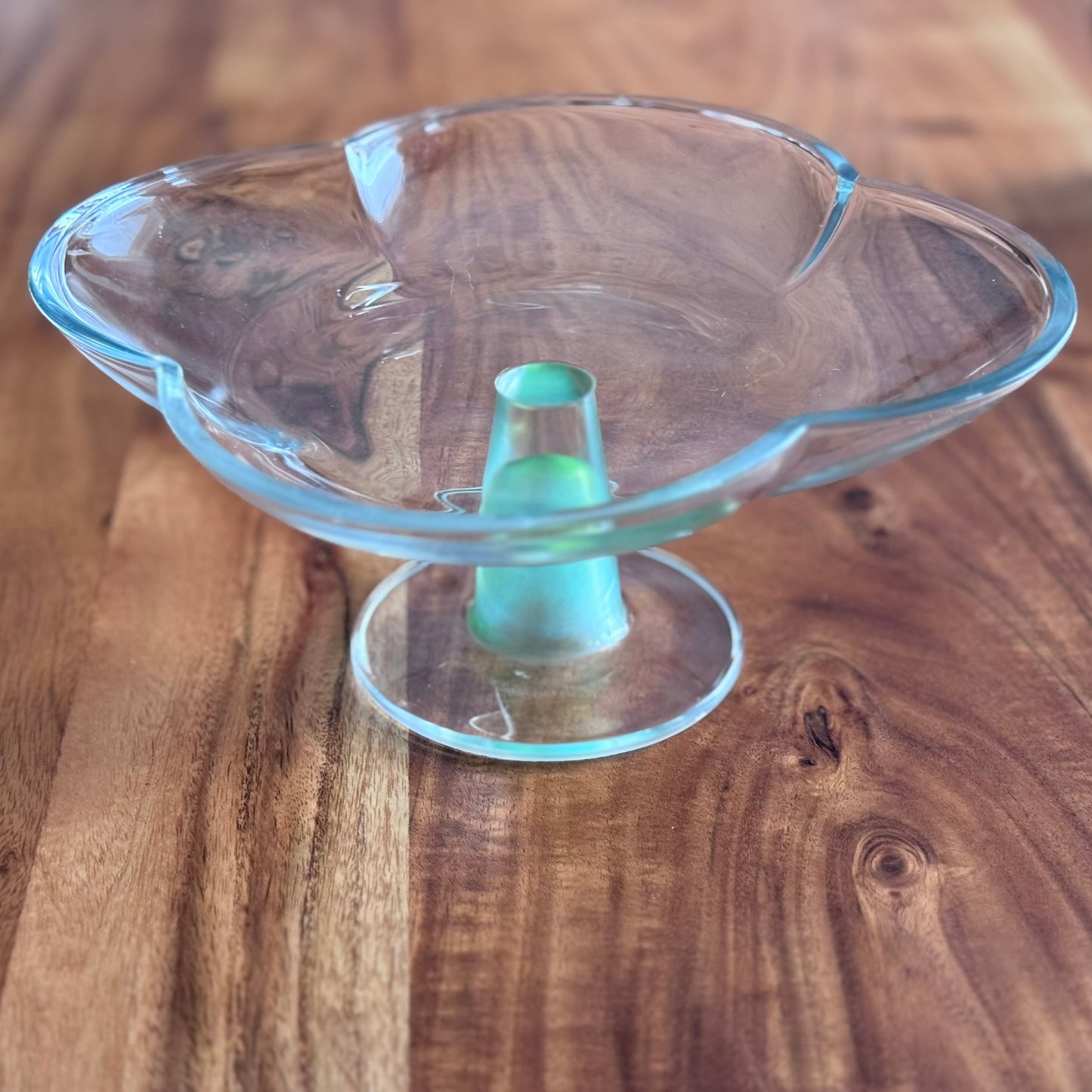 Clear Clover Pedestal Cake Stand with Green Stem