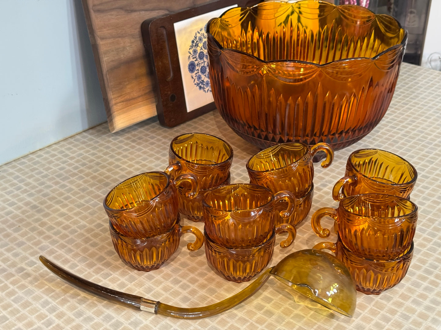Vintage Amber Colony Royal Drape Punch Bowl & Cups