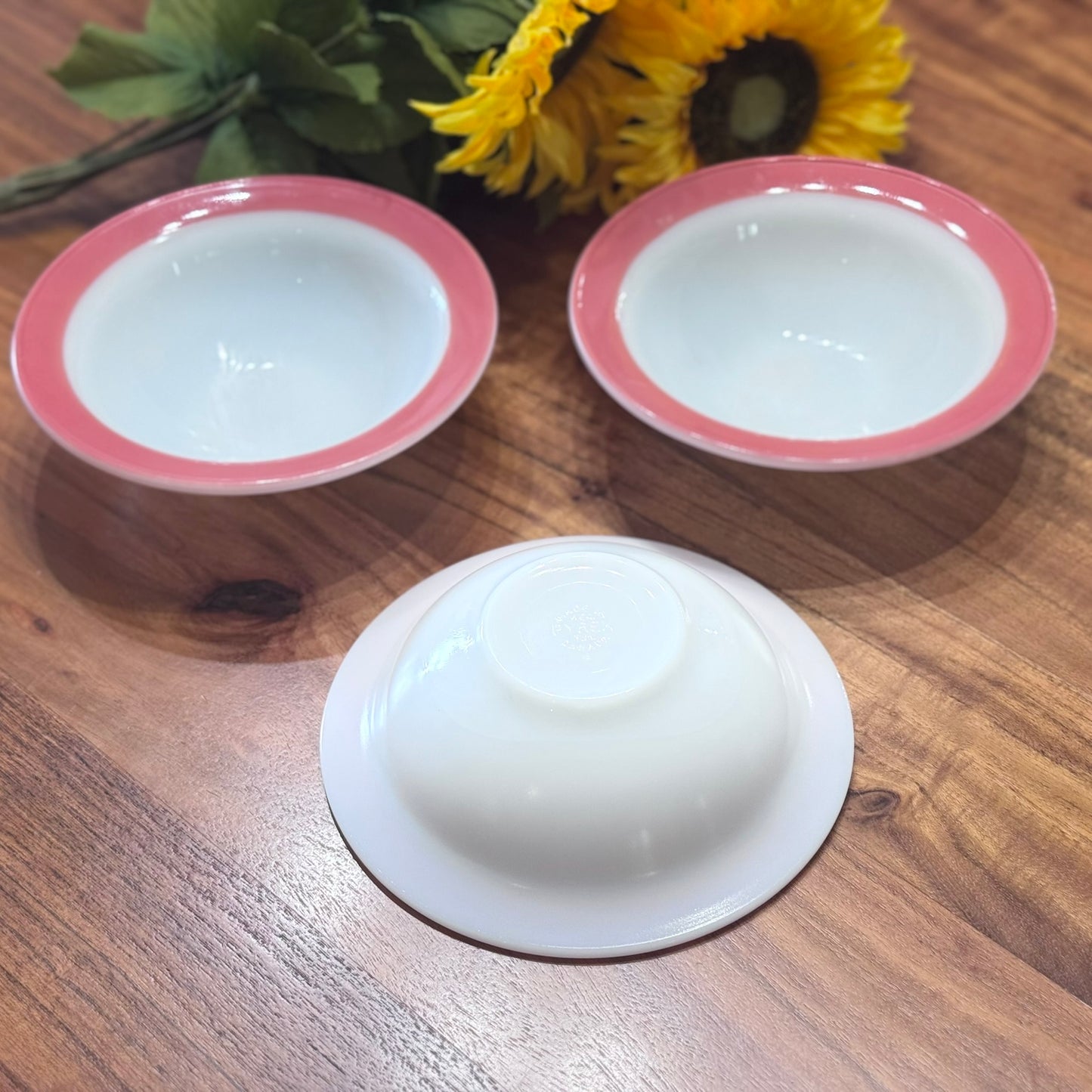 PYREX Milk Glass with Flamingo Pink Band Rim Soup Bowls