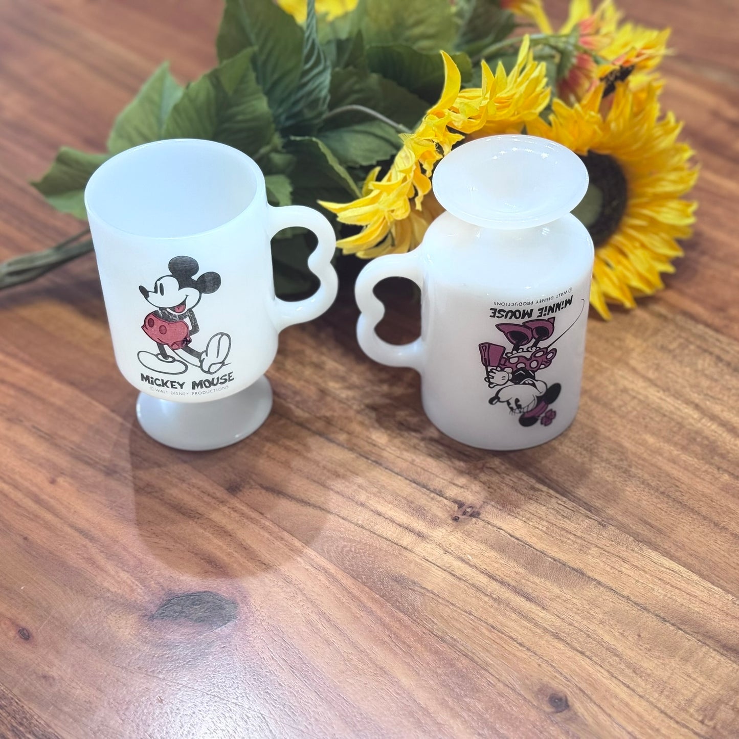 Walt Disney Productions Mickey and Minnie Mouse Milk Glass Mugs