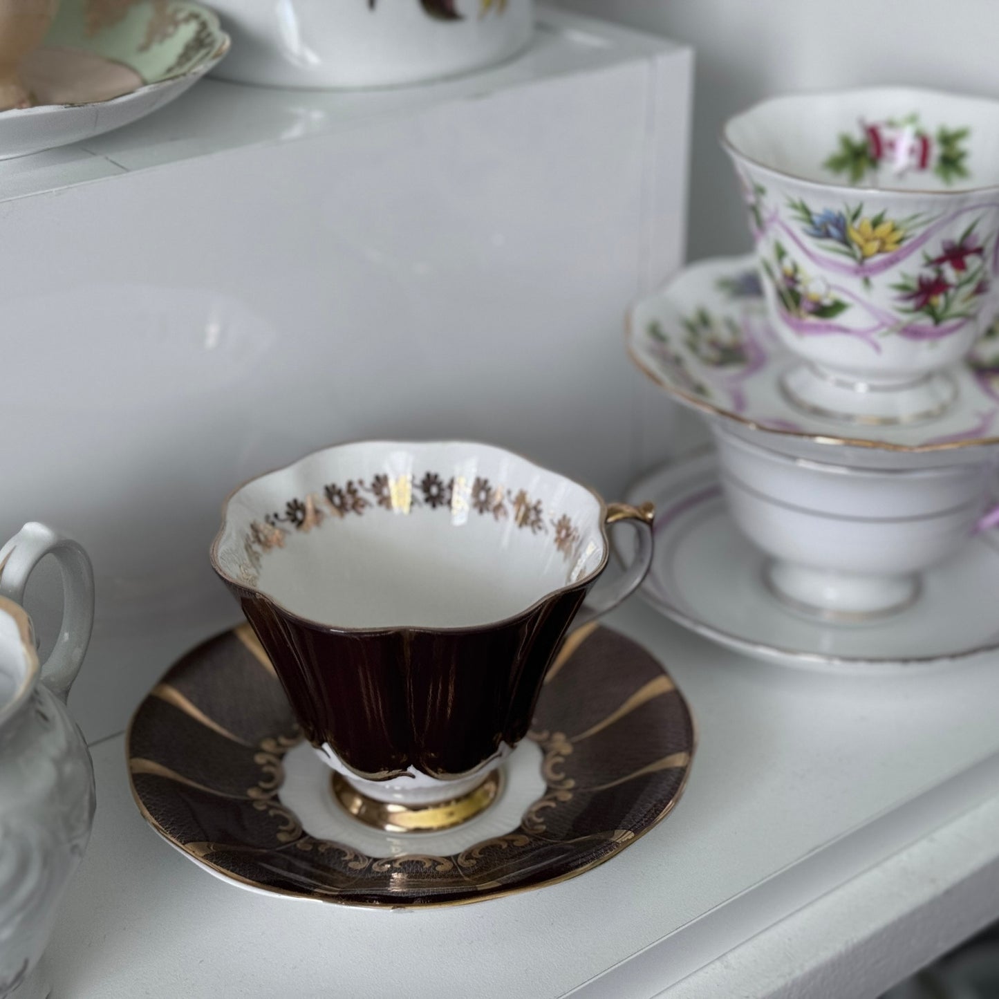 Queen Anne Teacup and Saucer (Brown/White/Gold)