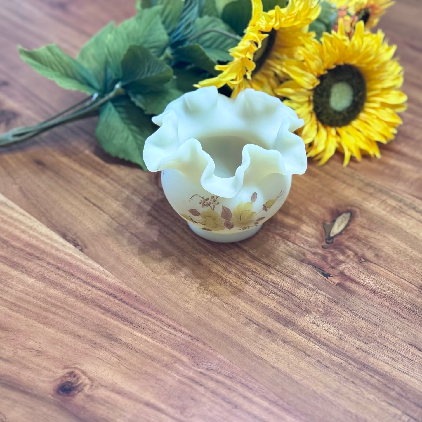 Fenton Hand Painted Custard Glass Bowl Vase