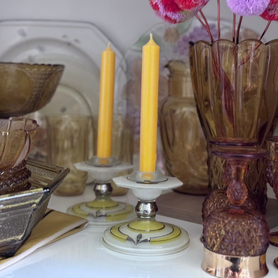 Vintage White/Yellow/Silver/Glass Art Deco Candleholders
