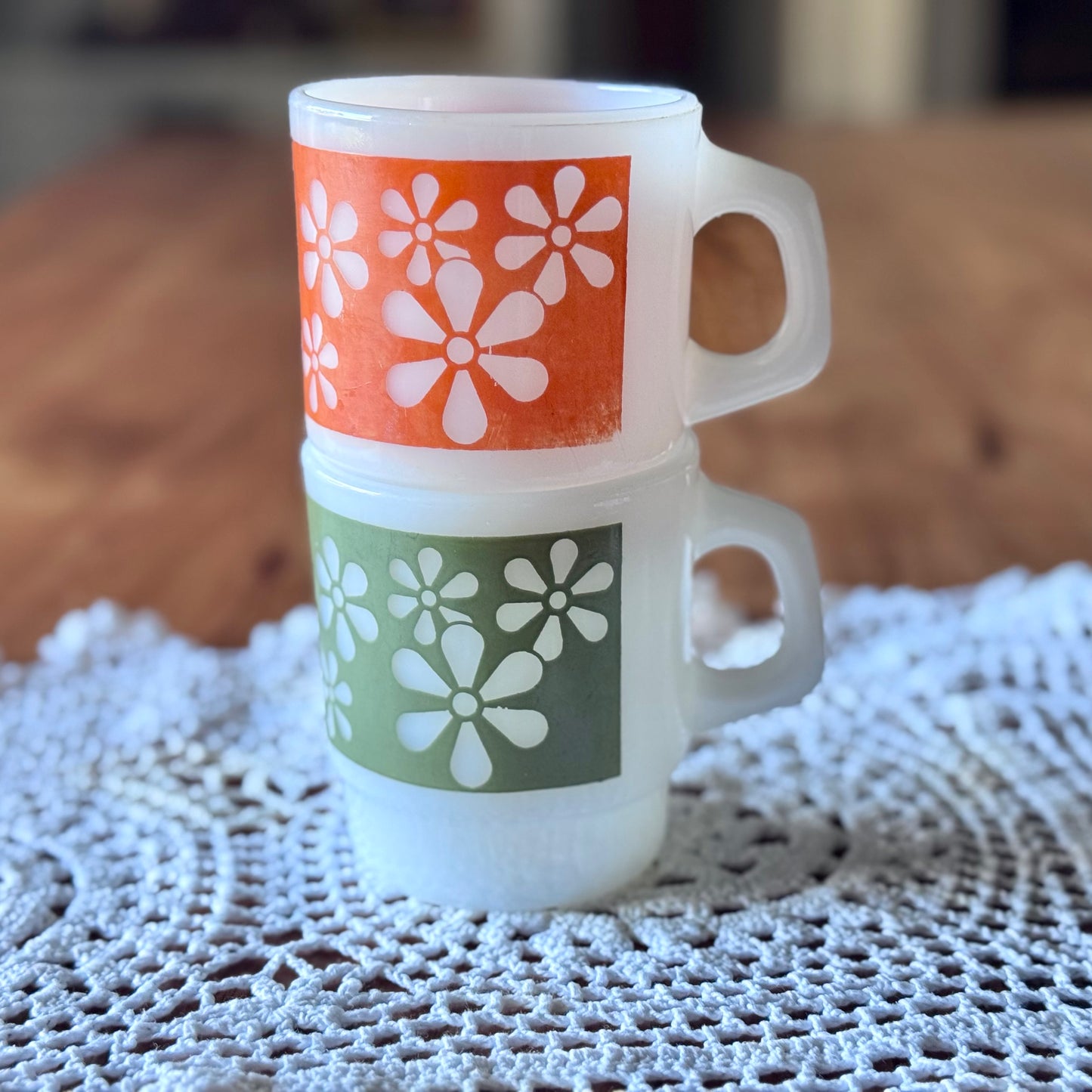 Fire-King Daisy Pattern Stackable Coffee Mugs