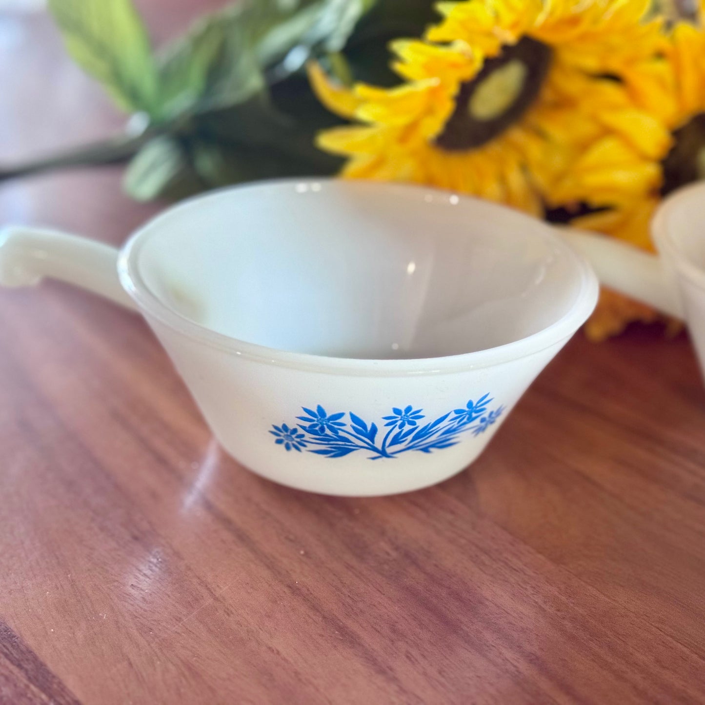Fire-King Milk Glass Blue Cornflower Handled Soup/Cereal Bowl