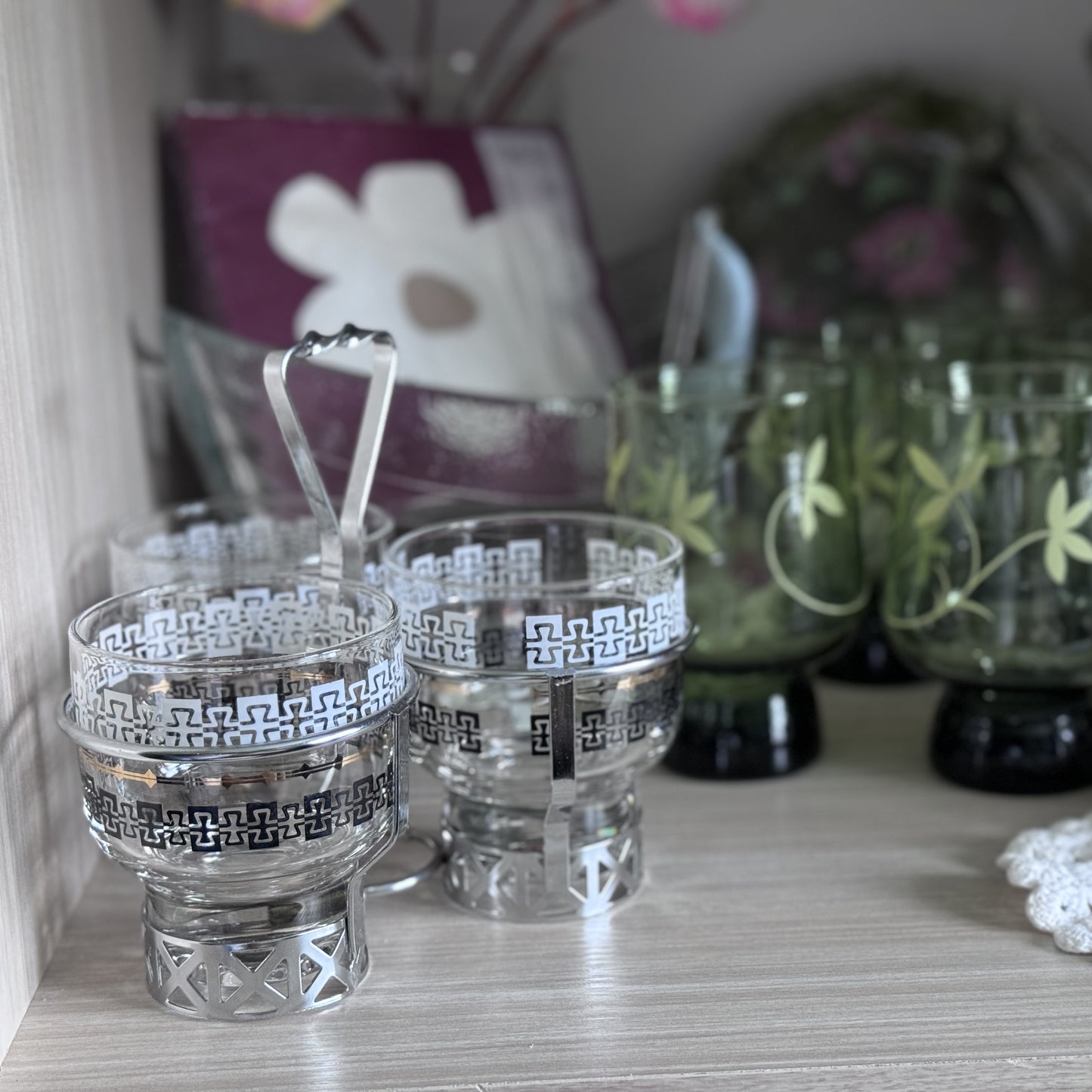 Vintage Glass Condiment Server in Chrome Caddy
