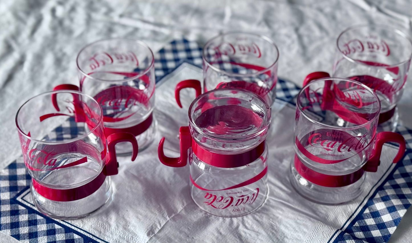 Coca-Cola Glasses with Red Holder & Plastic Handle