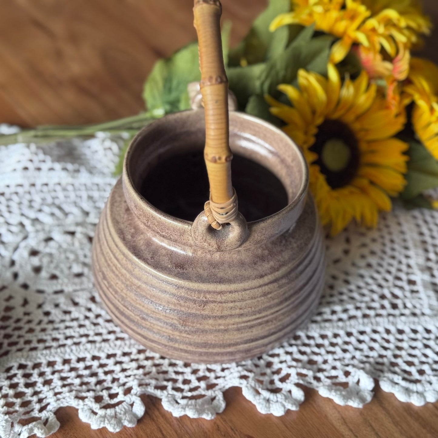 Brown Glazed Pottery & Bamboo Teapot