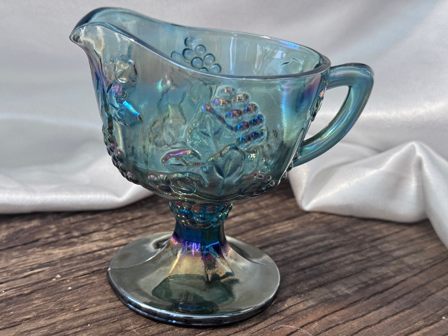 Indiana Blue Carnival Glass Harvest Grape Cream and Sugar Set