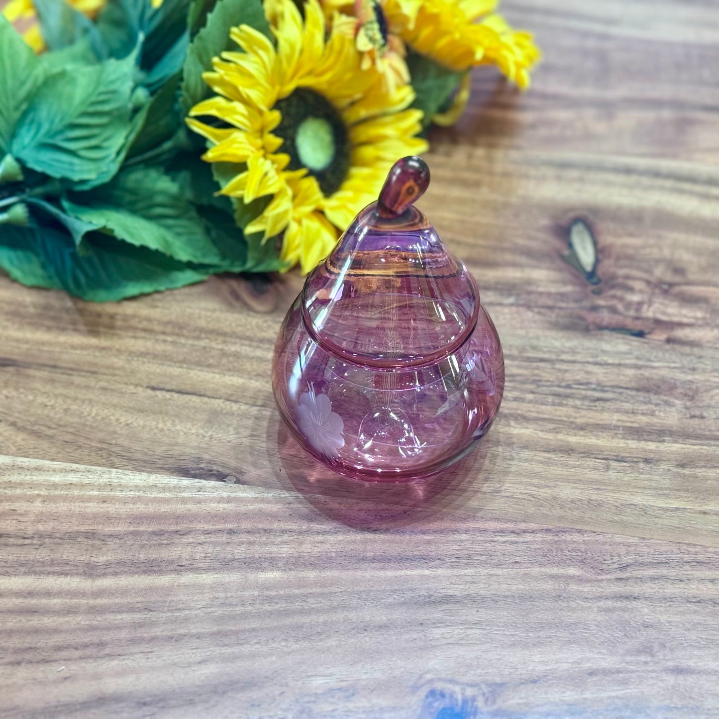 Cranberry Etched Glass Lidded Pear Shape Trinket Dish