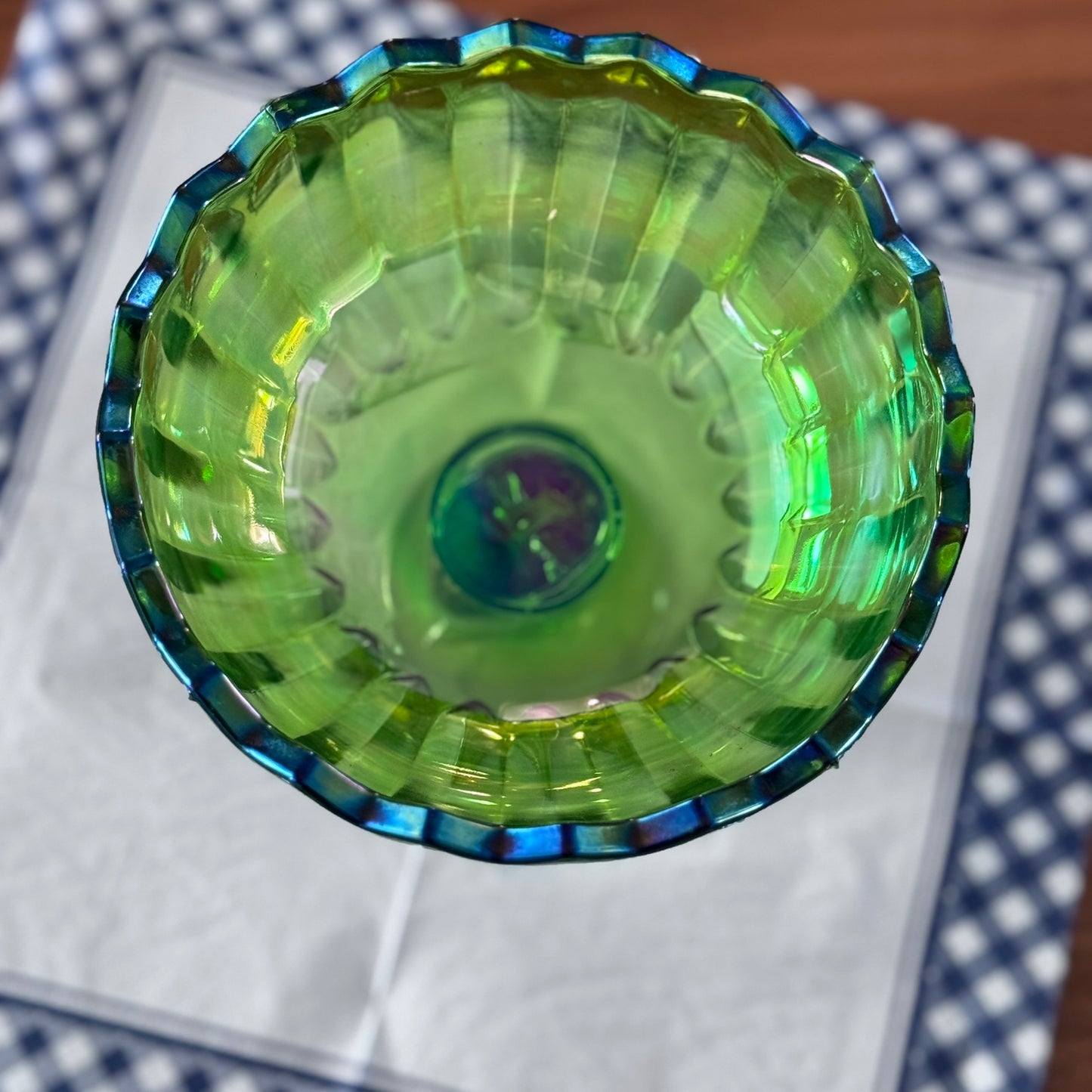 Indiana Green Glass Floral/Lotus Compote/Pedestal Bowl