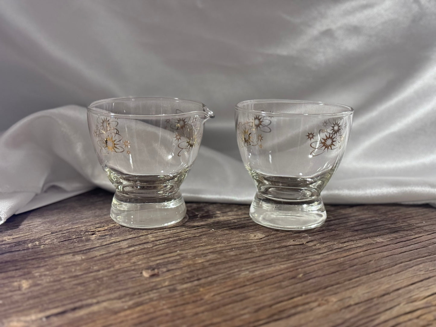 Clear Glass/Gold Atomic Starburst Creamer and Sugar