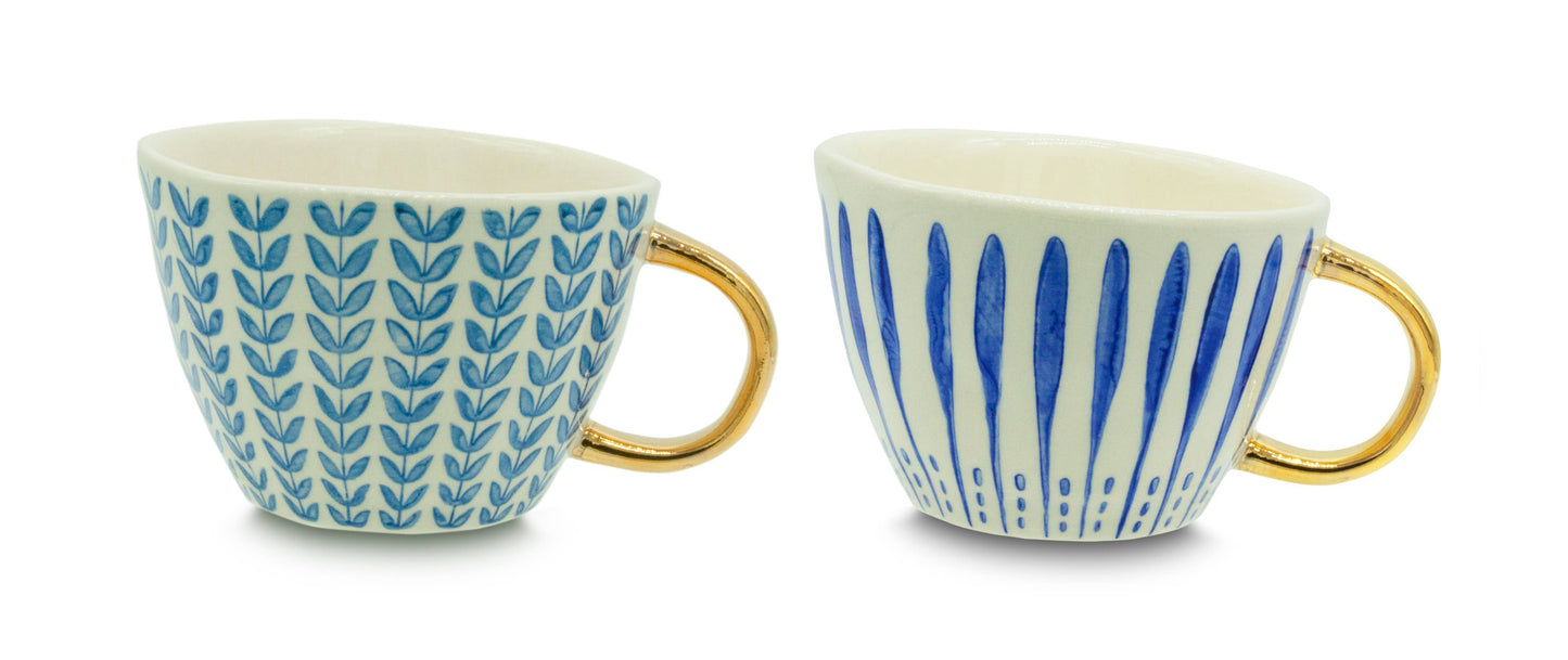 Kitchen Basics Mug Blue Stripe w/Gold Handle 12oz Stoneware: 12Oz / Stoneware / Cream/Blue/Gold