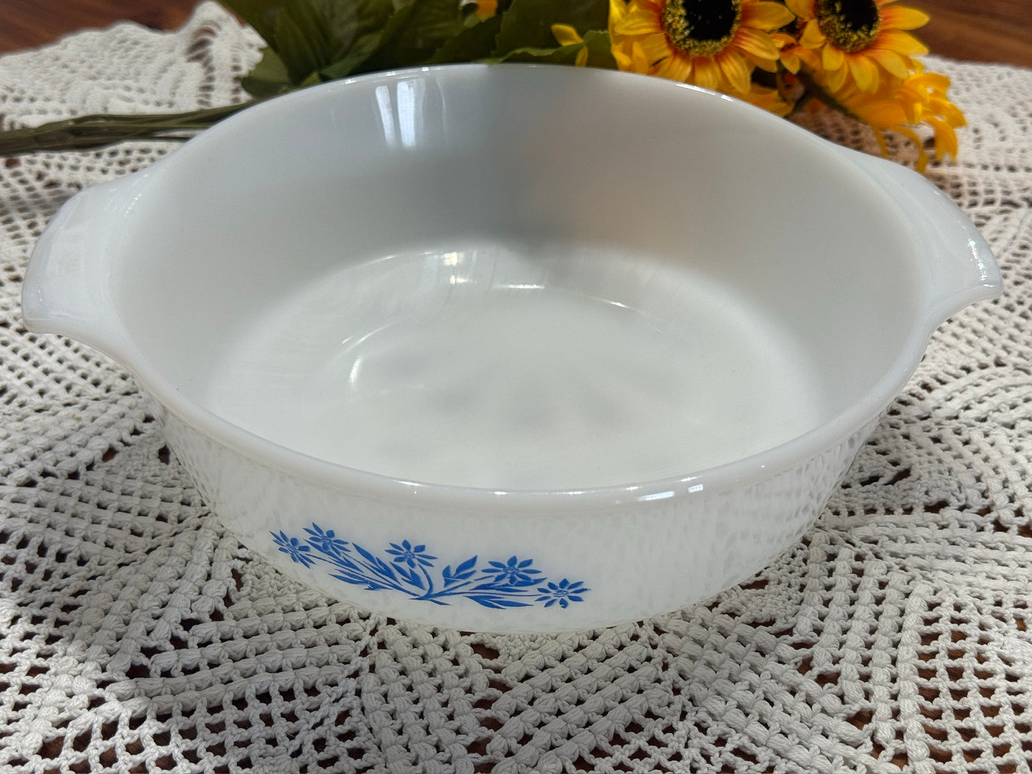 Fire-King Blue Cornflower Milk Glass Round Casserole Dish