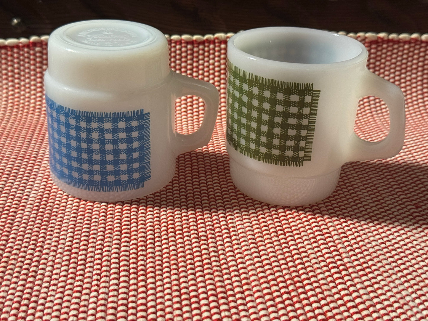 Anchor Hocking Fire-King Stackable Gingham Milk Glass Mugs