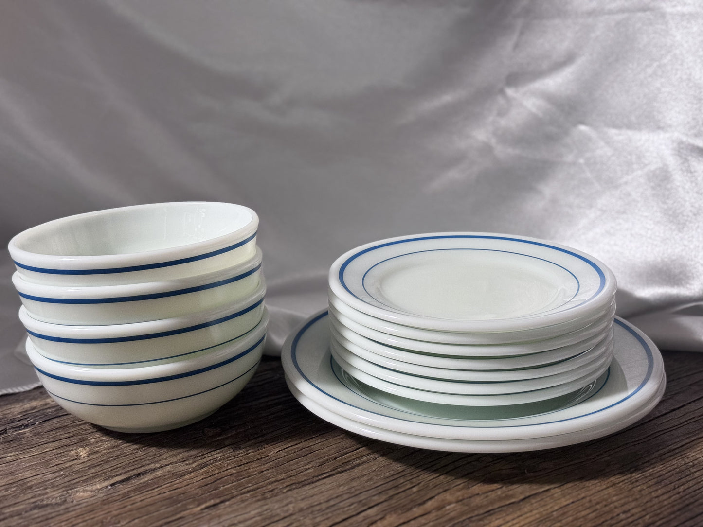 Pyrex Blue Striped Milk Glass Dish Set
