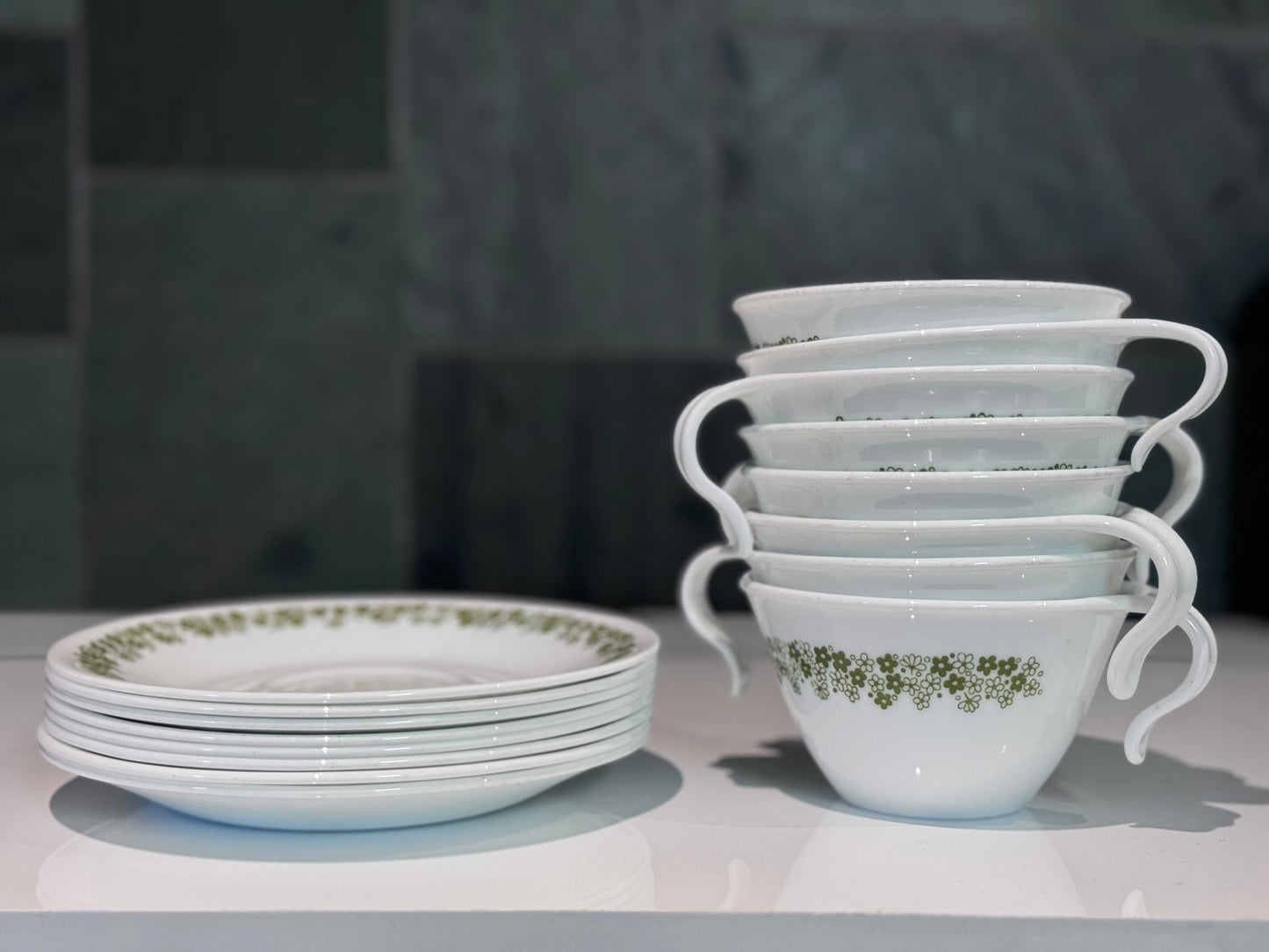 Corelle Spring Blossom, Crazy Daisy, Hook Handle, Cups and Saucers