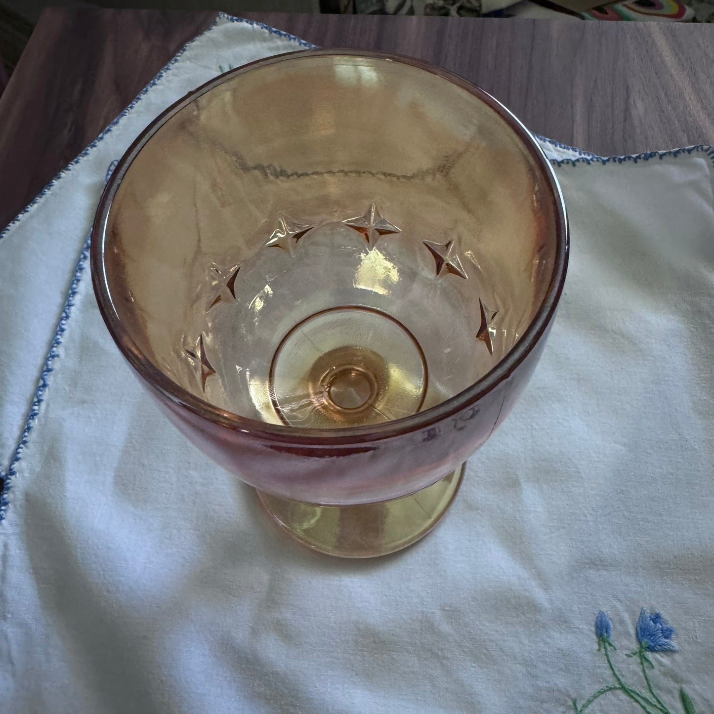 Iridescent Marigold Amber Glass Footed Goblet