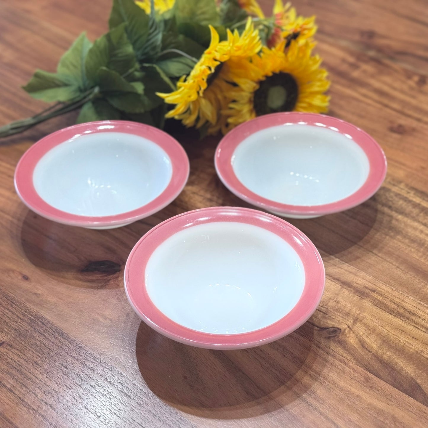 PYREX Milk Glass with Flamingo Pink Band Rim Soup Bowls