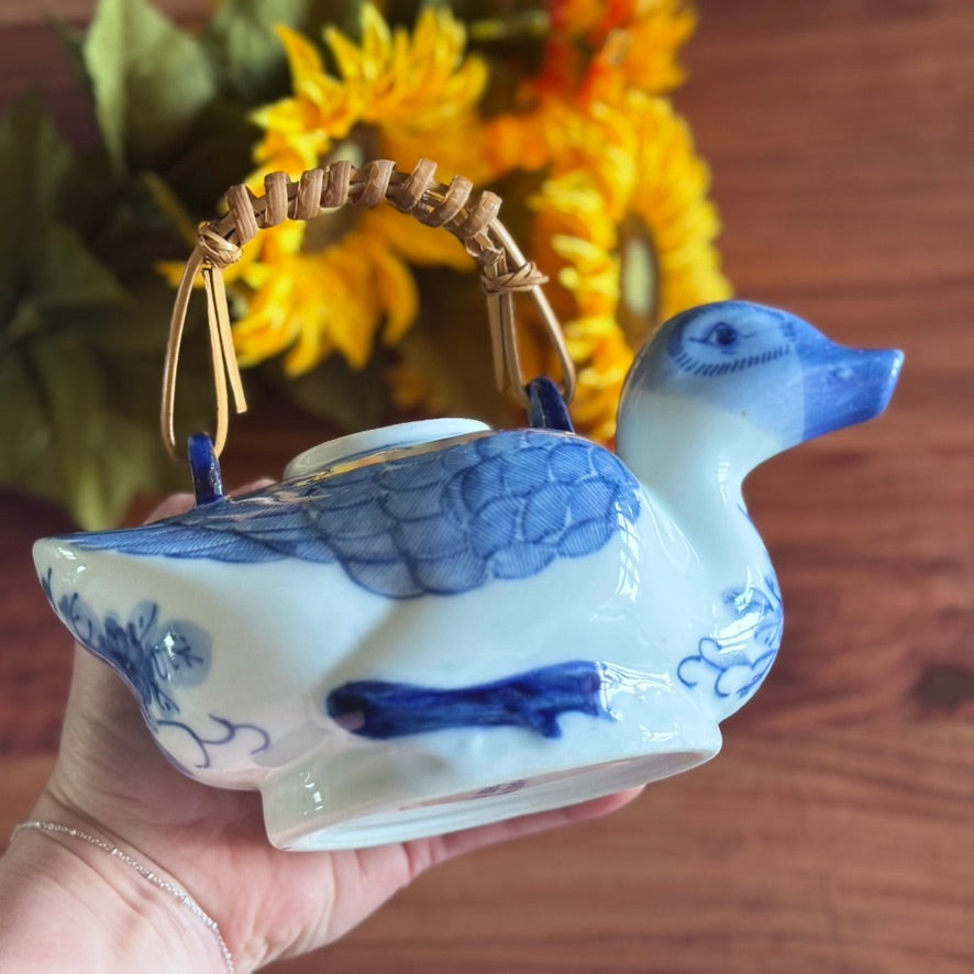Hand Painted Blue/White Duck Teapot with Bamboo Handle