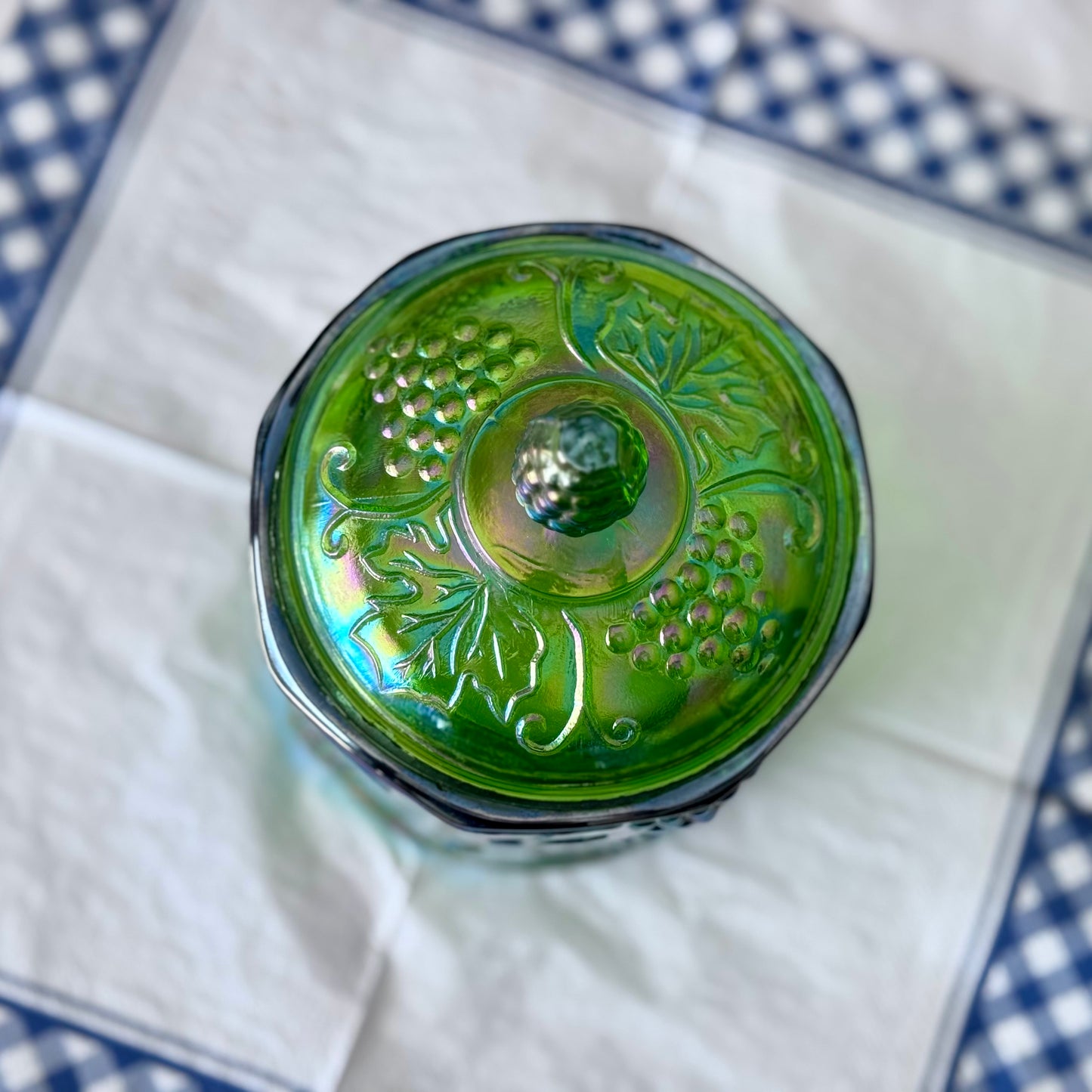 Indiana/Carnival Green Glass Biscuit/Candy Jar