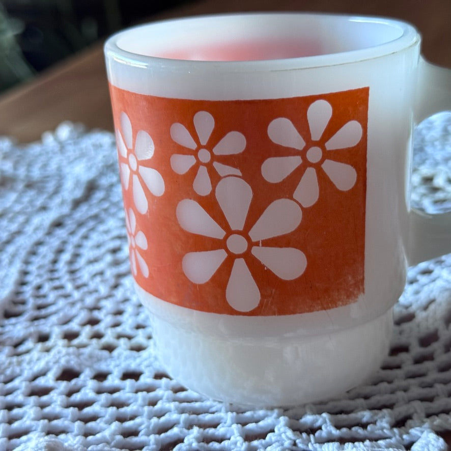 Fire-King Daisy Pattern Stackable Coffee Mugs