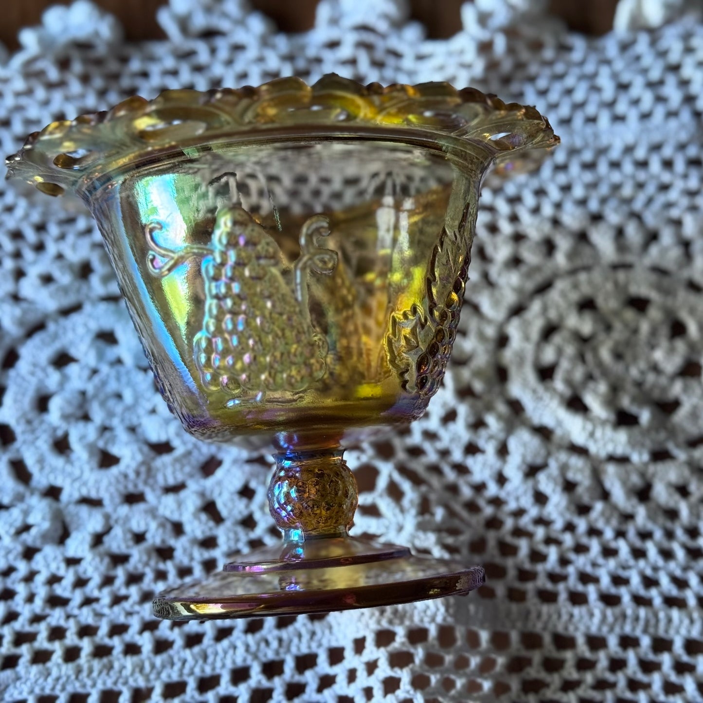 Indiana Glass Marigold Iridescent Harvest Grape Lace Edge Candy Dish/Compote