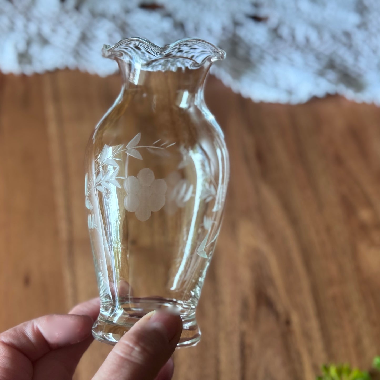 Hand Cut Etched Glass Bud Vase