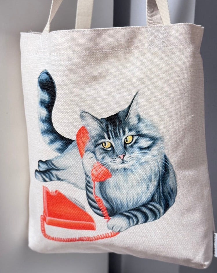 Cat on Phone Tote Bag