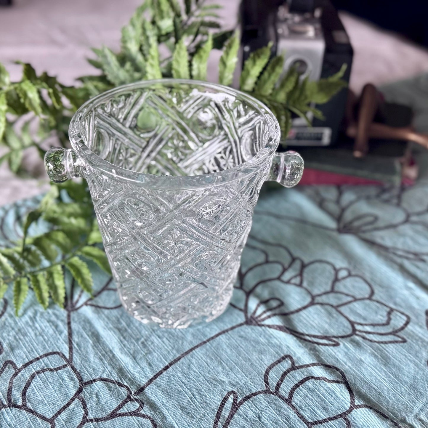 Pressed Glass Ice Bucket with Embossed Dot/Flower Pattern