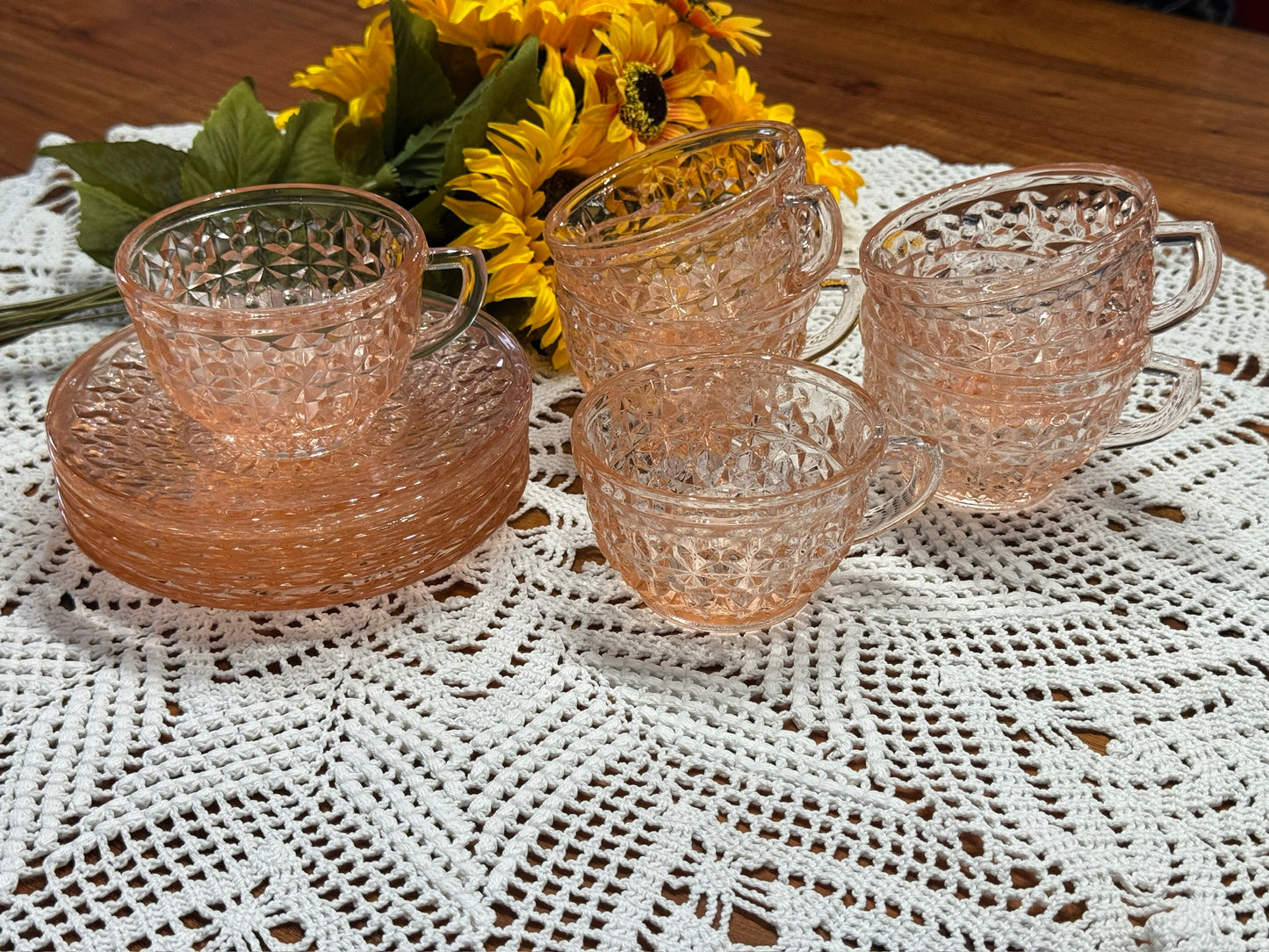 Pink Jeannette Depression Glass 'Holiday Buttons and Bows' Teacup & Saucer Set