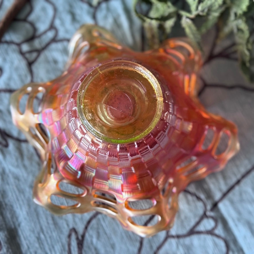 Fenton Marigold Carnival Glass Basket Weave Small Lace Bowl