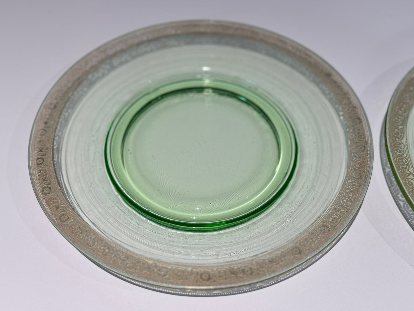 Green Depression Vaseline Uranium Glass Gold Trim Plates