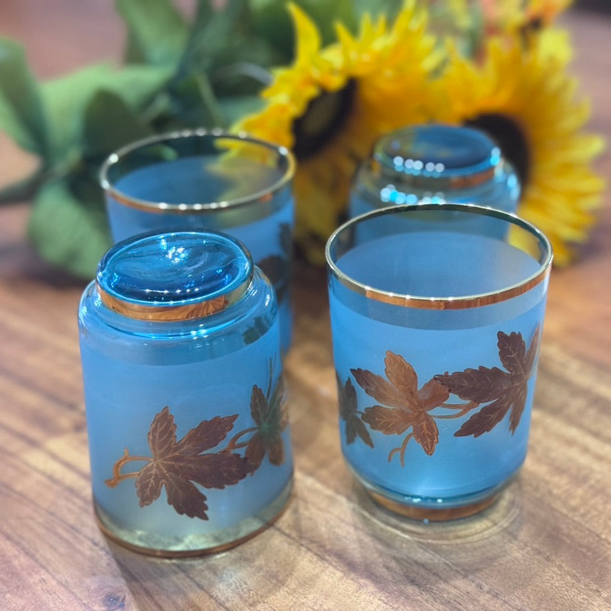 Bohemian Blue Glass with Gold Leaf Motif Design Tumblers