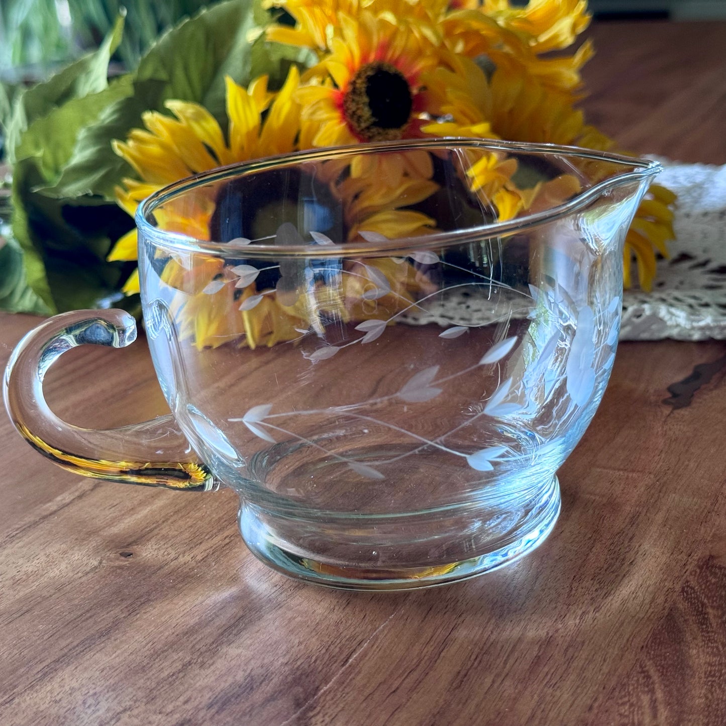 Princess House Heritage Etched Floral Crystal Sauce Gravy Boat / Creamer