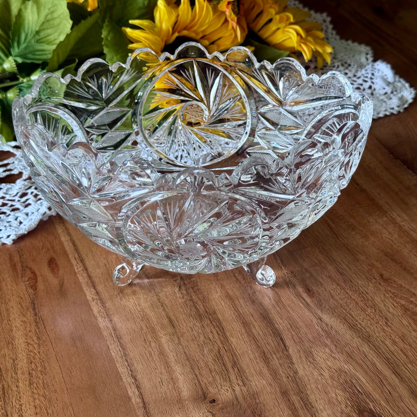 Hand Cut Footed Oval Pinwheel Lead Crystal Bowl