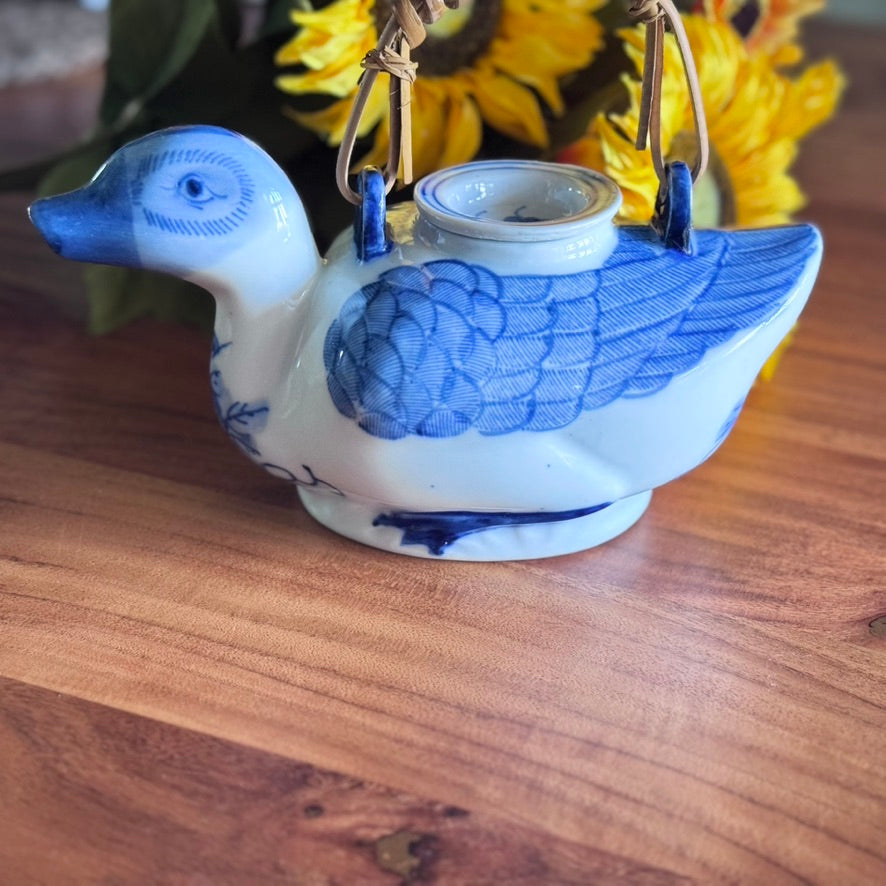 Hand Painted Blue/White Duck Teapot with Bamboo Handle