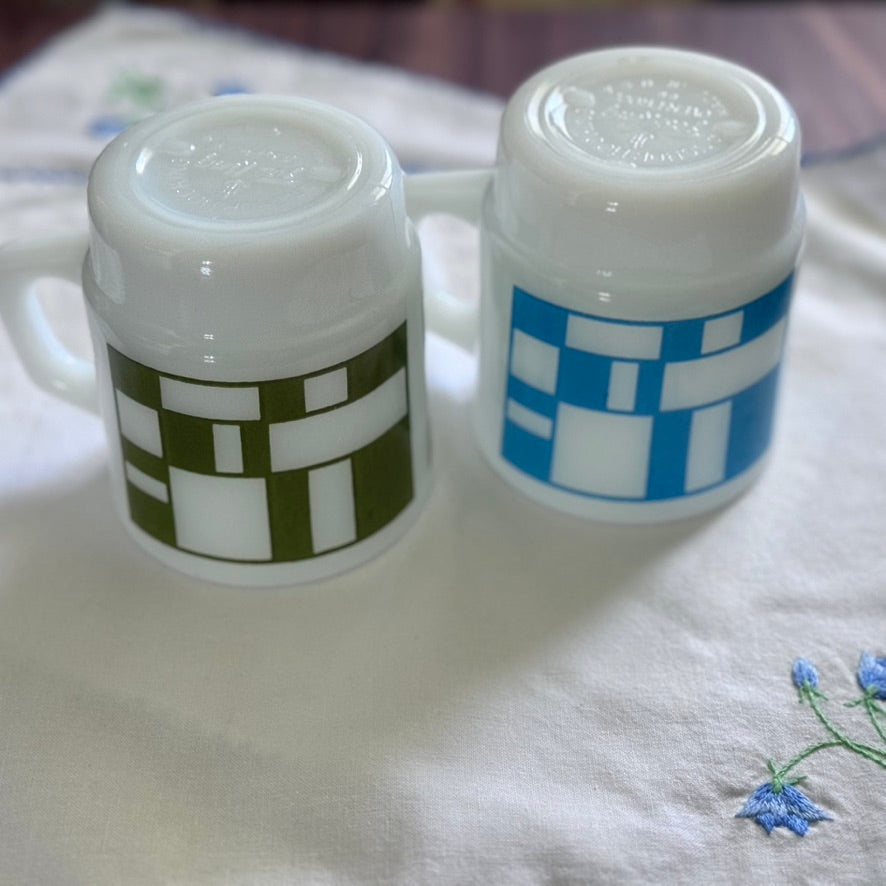Fire-King Blue/Green Block Pattern Mugs