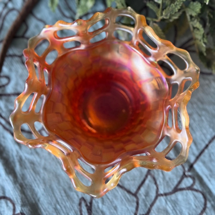 Fenton Marigold Carnival Glass Basket Weave Small Lace Bowl
