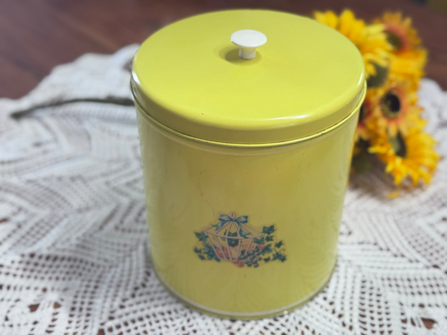 Vintage Yellow Tin Canister With Fruit/Vine Motif