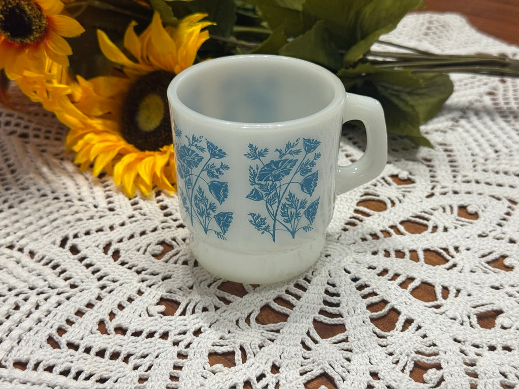 Anchor Hocking Fire King Blue Floral Milk Glass Mug