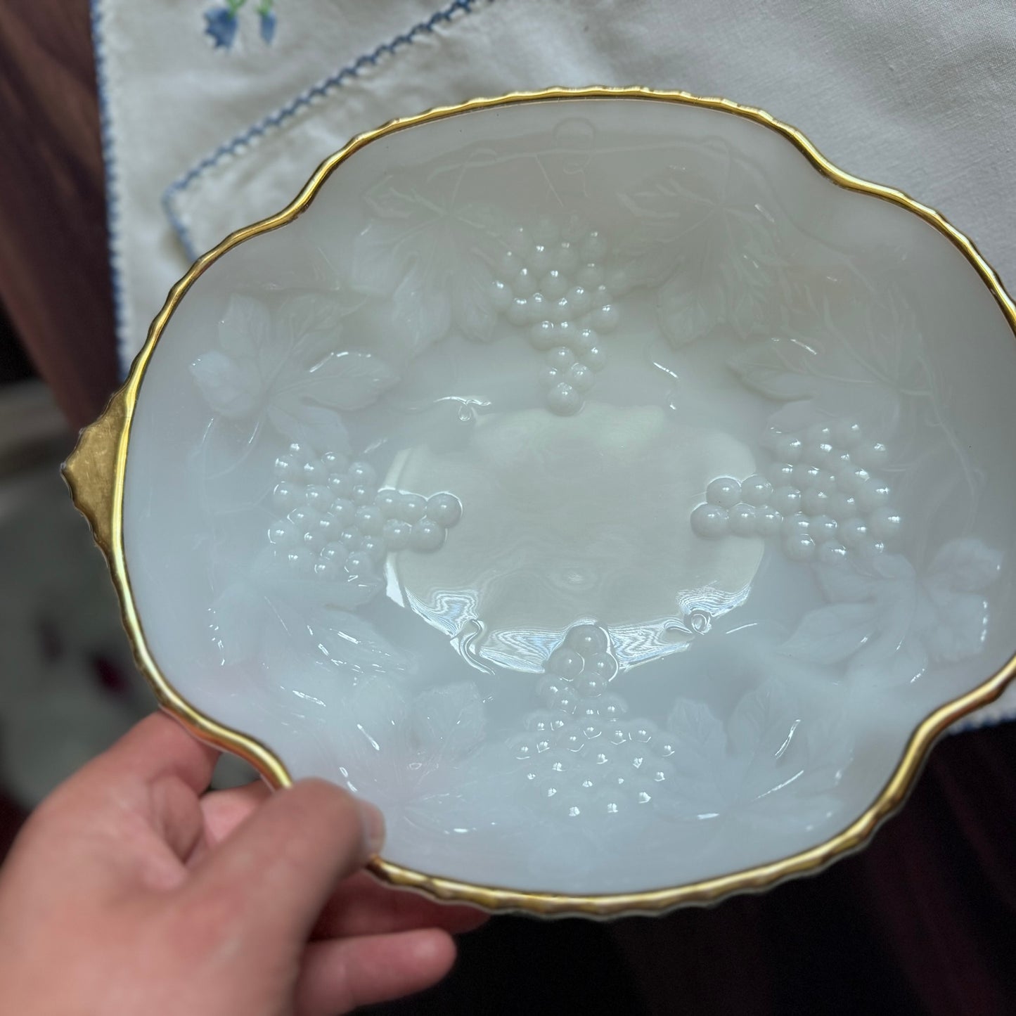 Grape and Leaf Milk Glass Bowl