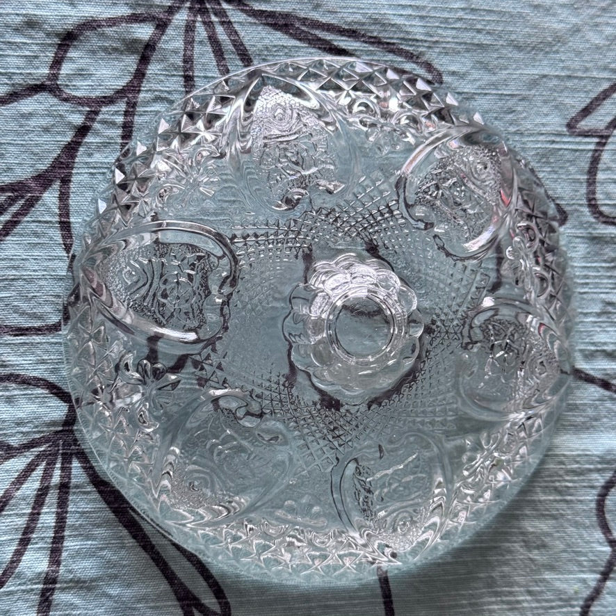 Small FNG Indonesia Glass Etched Fleur De Lis Hearts & Roses Dish