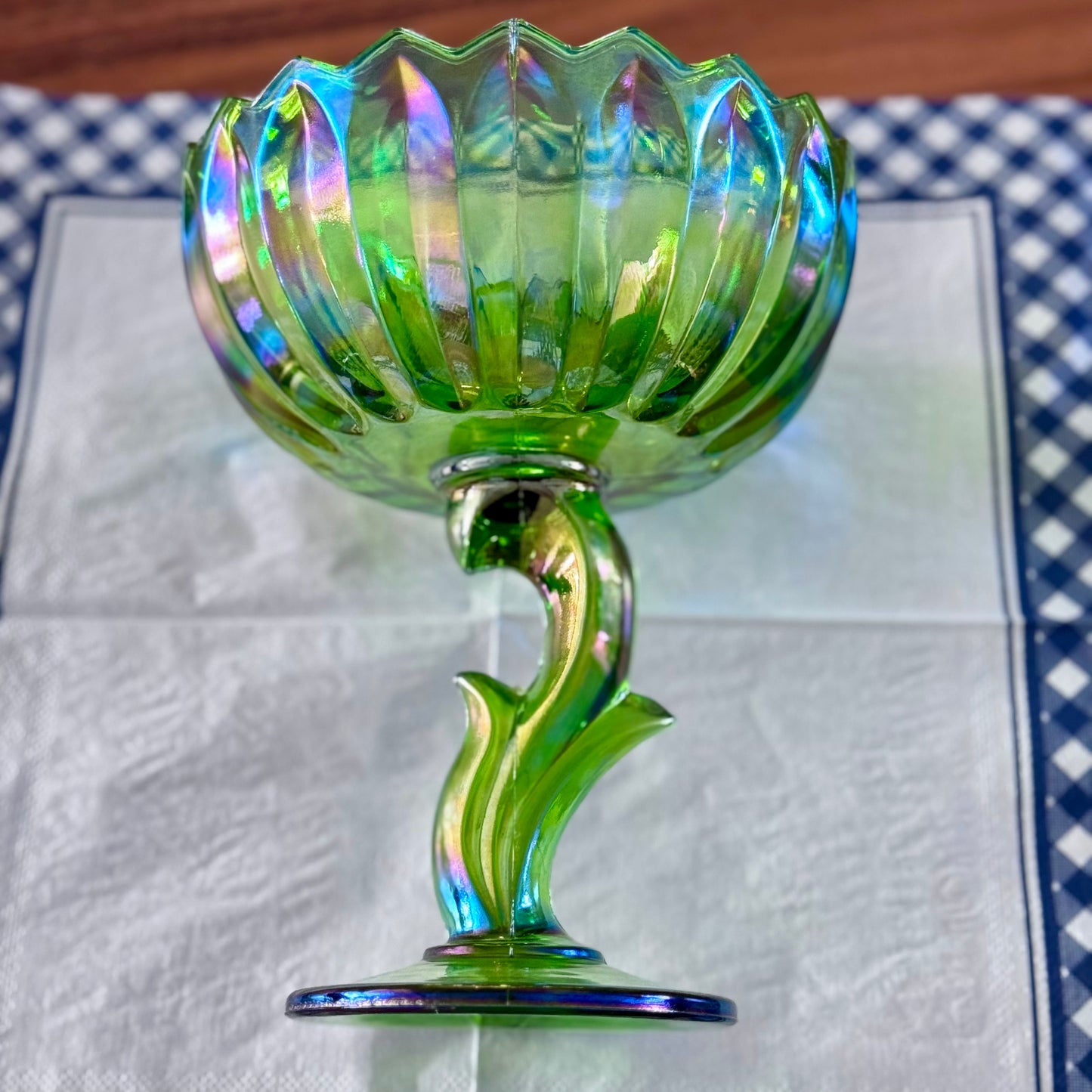 Indiana Green Glass Floral/Lotus Compote/Pedestal Bowl