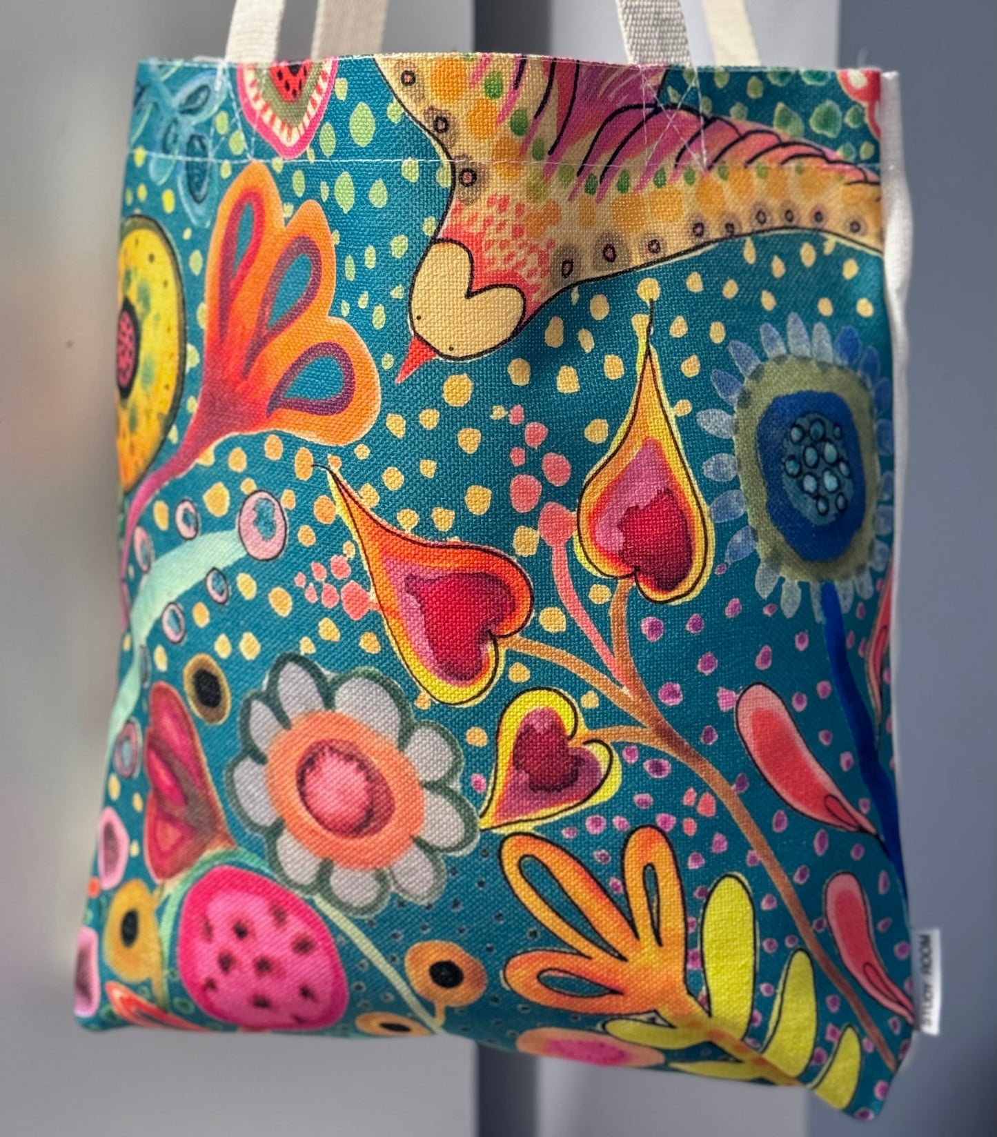 Floral with Bird on Blue Tote Bag