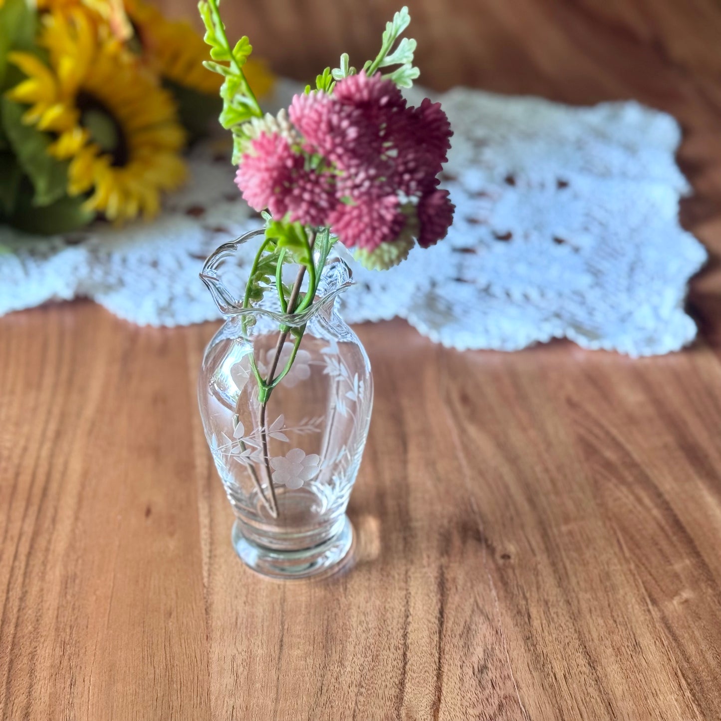 Hand Cut Etched Glass Bud Vase