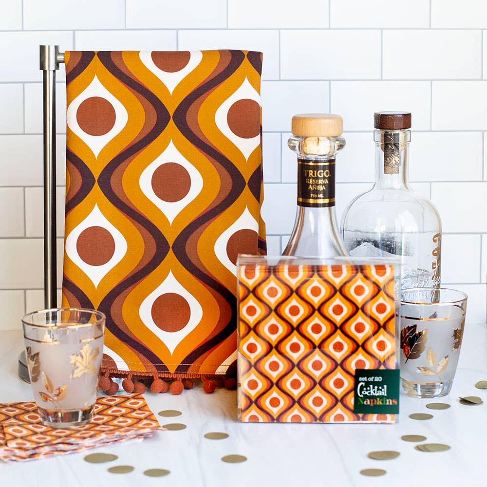Circle in Waves Amber Mid Century Modern Tea Towel with Trim