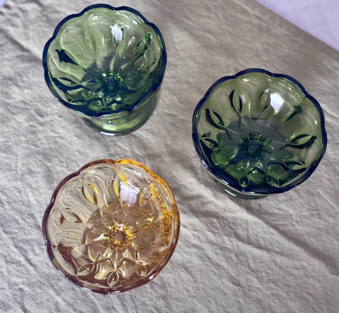 Anchor Hocking Green/Amber Glass Footed Compote Bowls