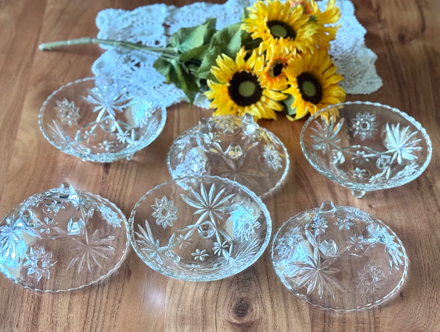Anchor Hocking Cut Glass Footed Starburst Salad Bowls