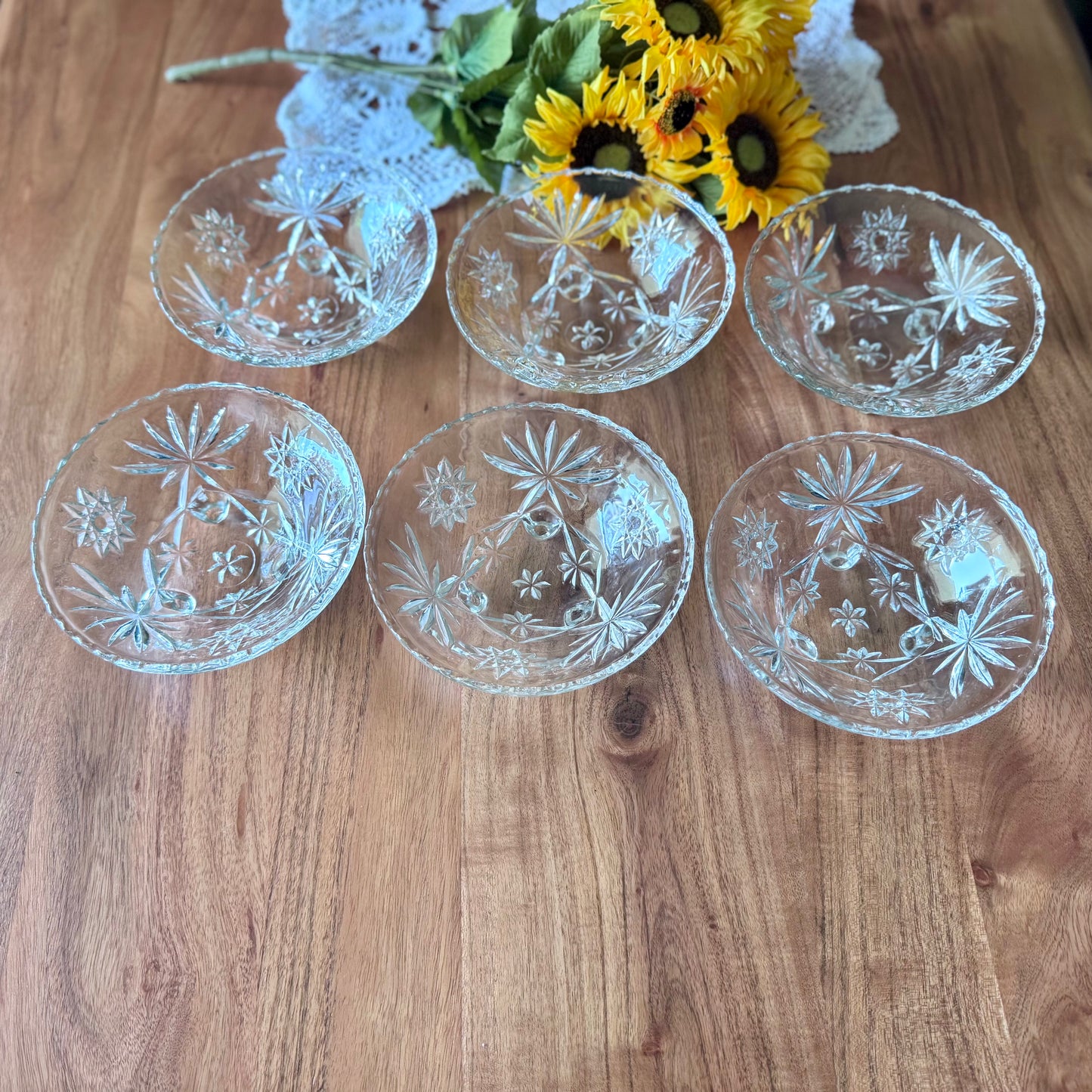 Anchor Hocking Cut Glass Footed Starburst Salad Bowls